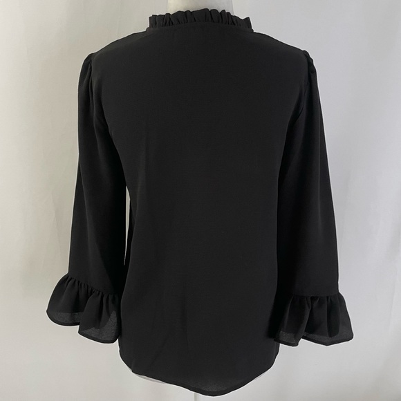 New CeCe Ruffle Cuff 3/4 Sleeve V-Neck Crepe Blouse Rich Black Size XS - Picture 12 of 16